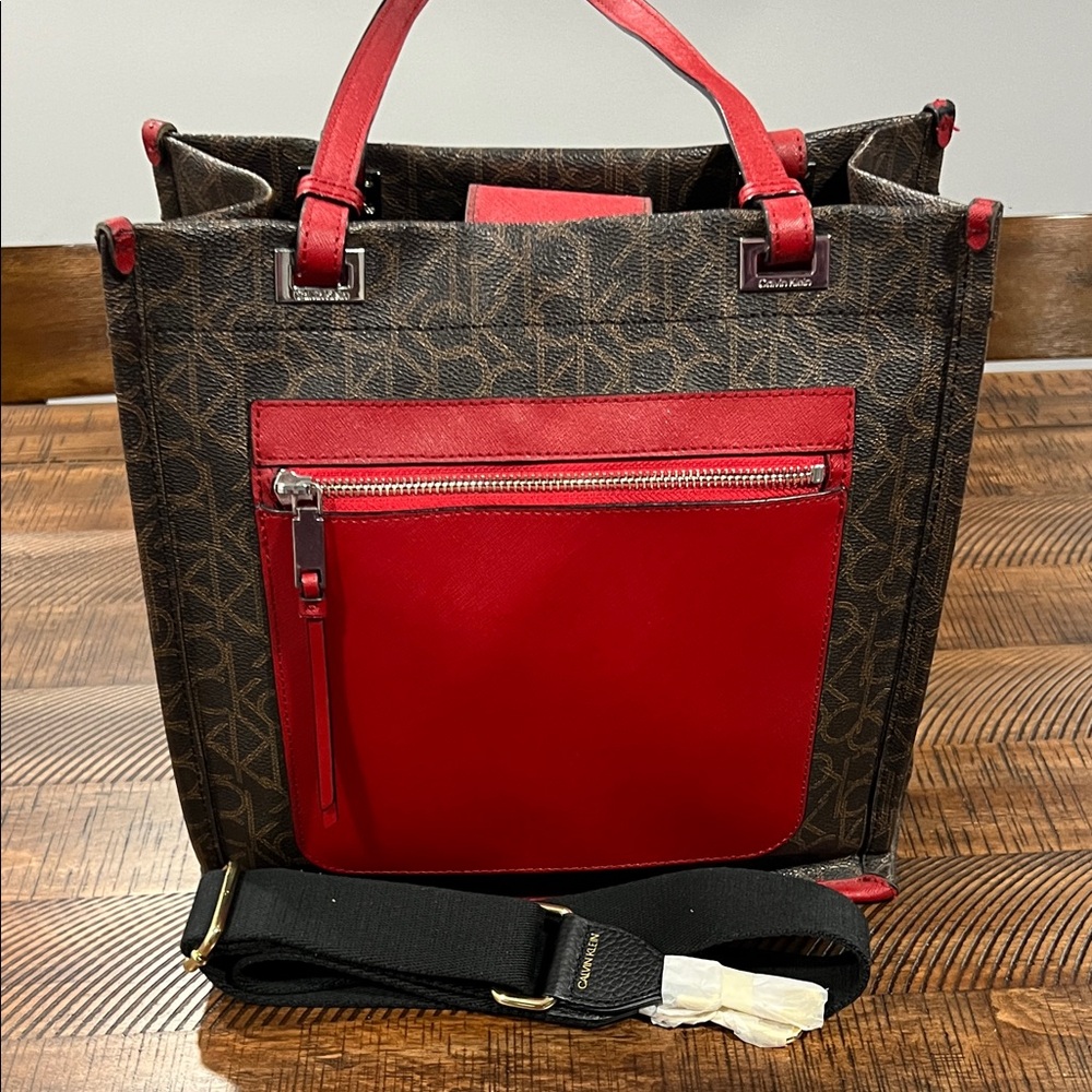 Calvin Klein Red and Brown Tote Bag